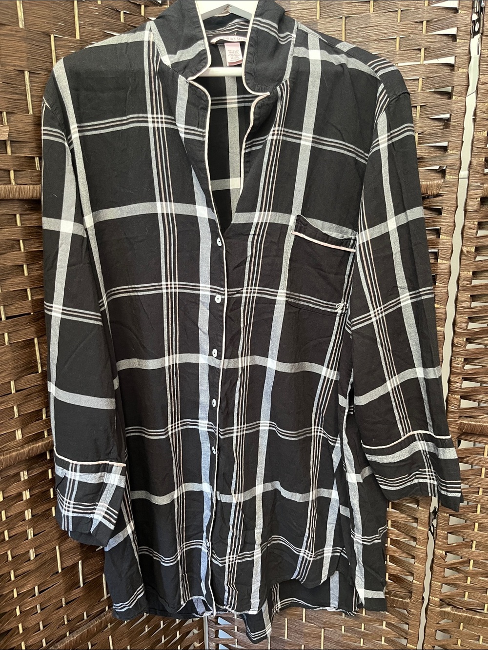 Victoria's Secret Plaid Sleepshirt Button Down Nightgown Black White XL